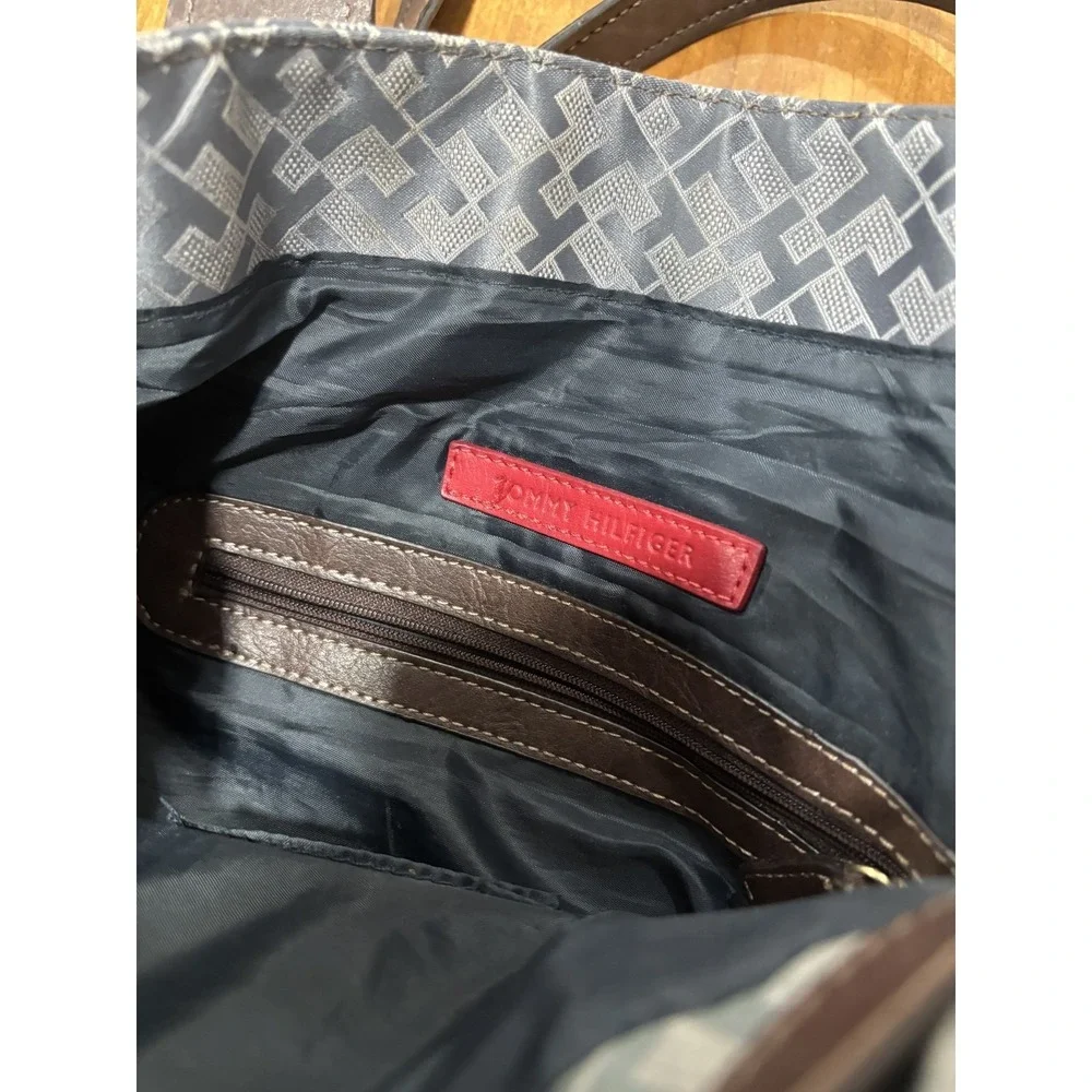 Tommy Hilfiger Monogram Gray Tote Bag Shoulder Travel Carryall Blue Stripe